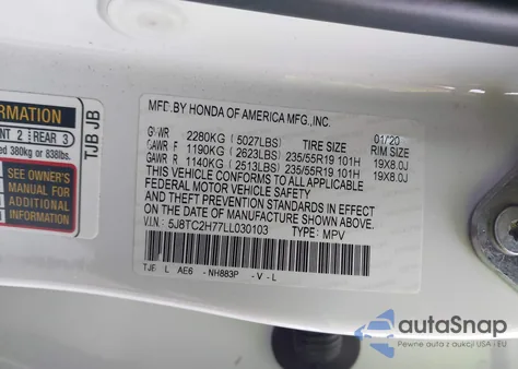 2020 Acura Rdx Advance Package z USA, uszkodzony, nr VIN 5J8TC2H77LL030103
